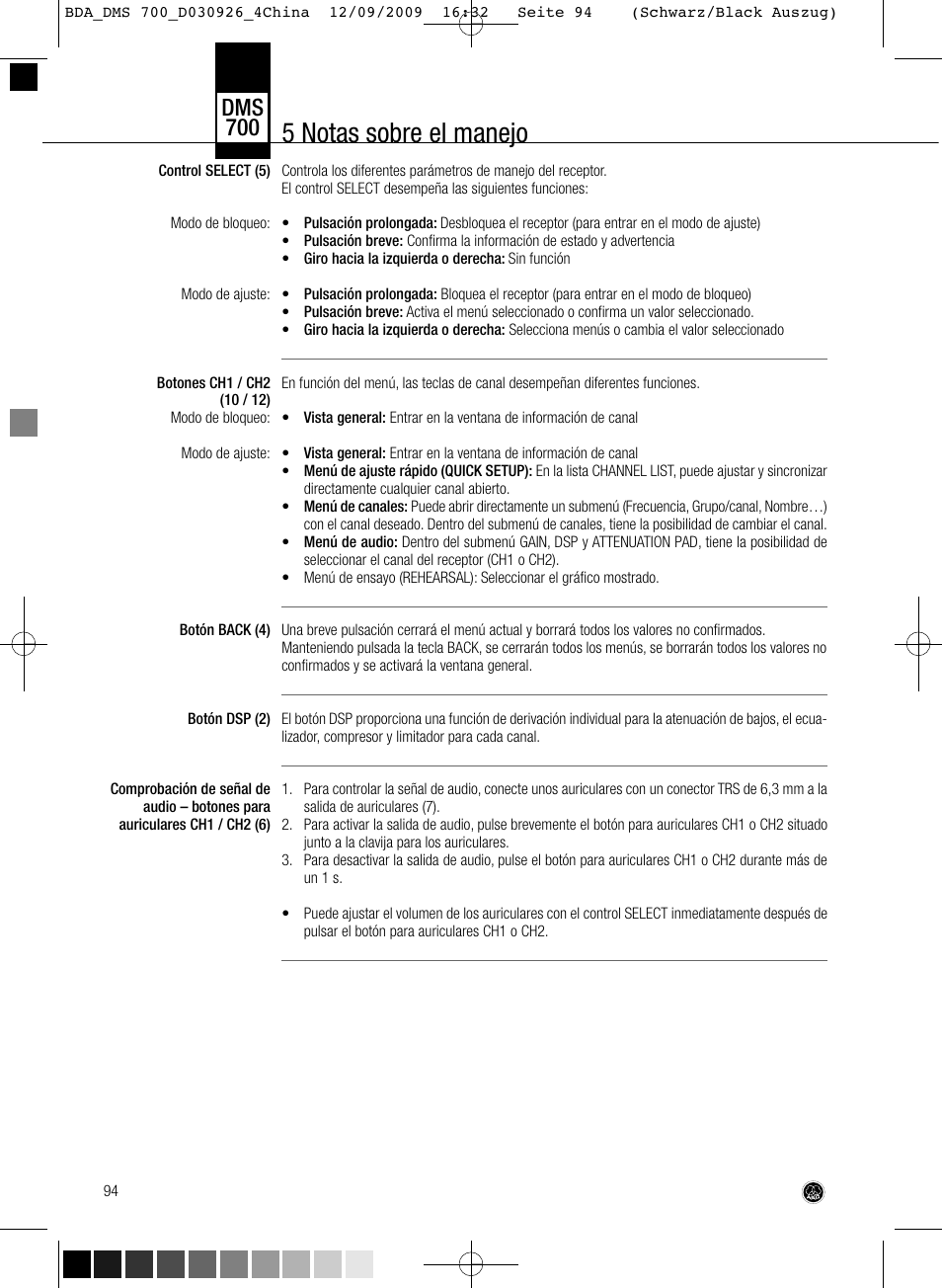 5 notas sobre el manejo, Dms 700 | AKG Acoustics DMS700 User Manual | Page 94 / 118