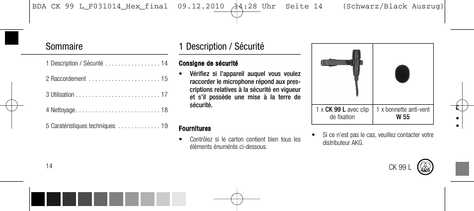 Sommaire, 1 description / sécurité, 2 raccordement | AKG Acoustics CK99L User Manual | Page 14 / 40