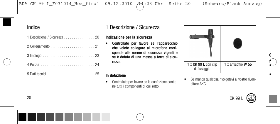 2 collegamento, Indice, 1 descrizione / sicurezza | AKG Acoustics CK99L User Manual | Page 20 / 40