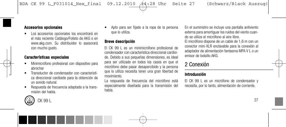 2 conexión, Índice, 1 descripción / seguridad | AKG Acoustics CK99L User Manual | Page 27 / 40