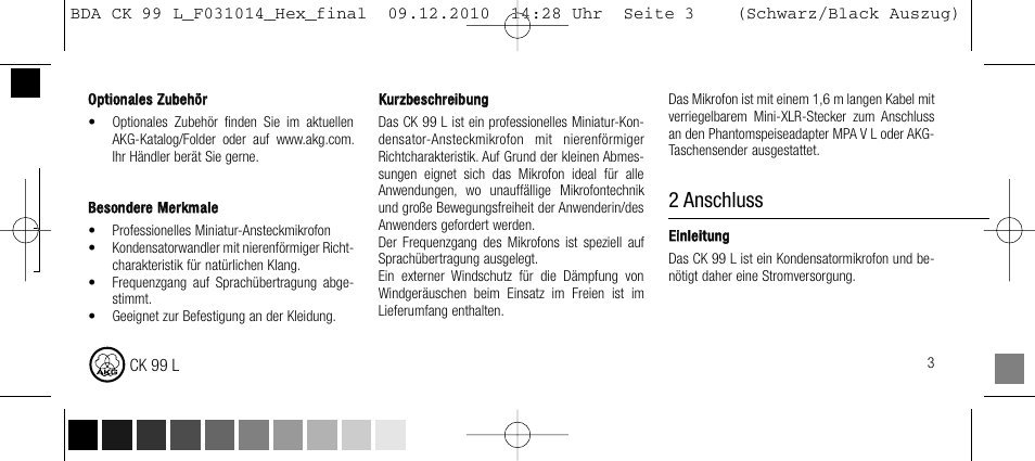 2 anschluss, Inhalt, 1 beschreibung/sicherheit | AKG Acoustics CK99L User Manual | Page 3 / 40