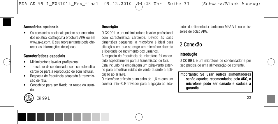 Índice, 1 descrição / segurança, 2 conexão | AKG Acoustics CK99L User Manual | Page 33 / 40