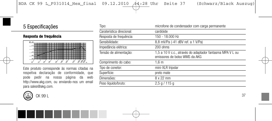 4 limpeza, 5 especificações | AKG Acoustics CK99L User Manual | Page 37 / 40
