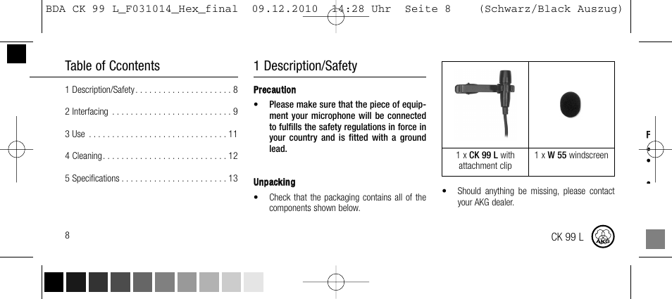 2 interfacing, Table of ccontents, 1 description/safety | AKG Acoustics CK99L User Manual | Page 8 / 40