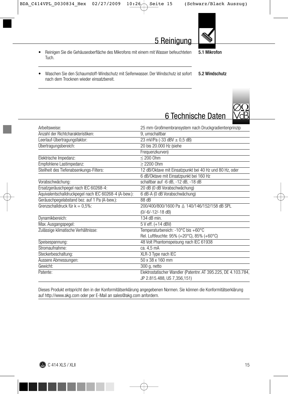 5 reinigung, 6 technische daten | AKG Acoustics C414 XLS User Manual | Page 15 / 92