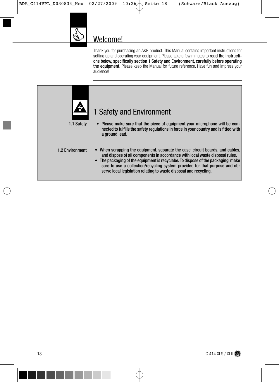 1 safety and environment, Welcome | AKG Acoustics C414 XLS User Manual | Page 18 / 92