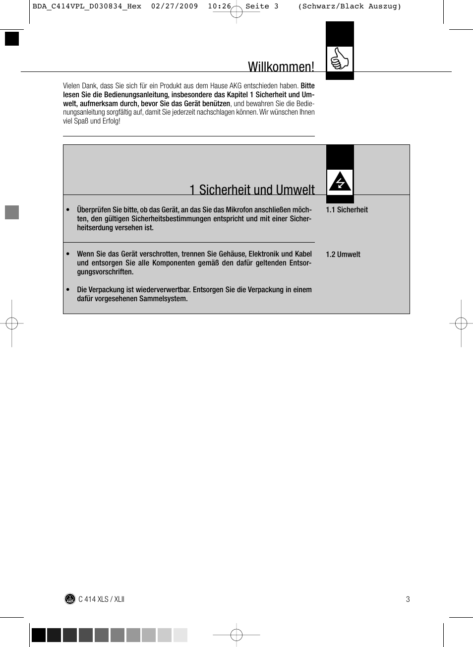 1 sicherheit und umwelt, Willkommen | AKG Acoustics C414 XLS User Manual | Page 3 / 92