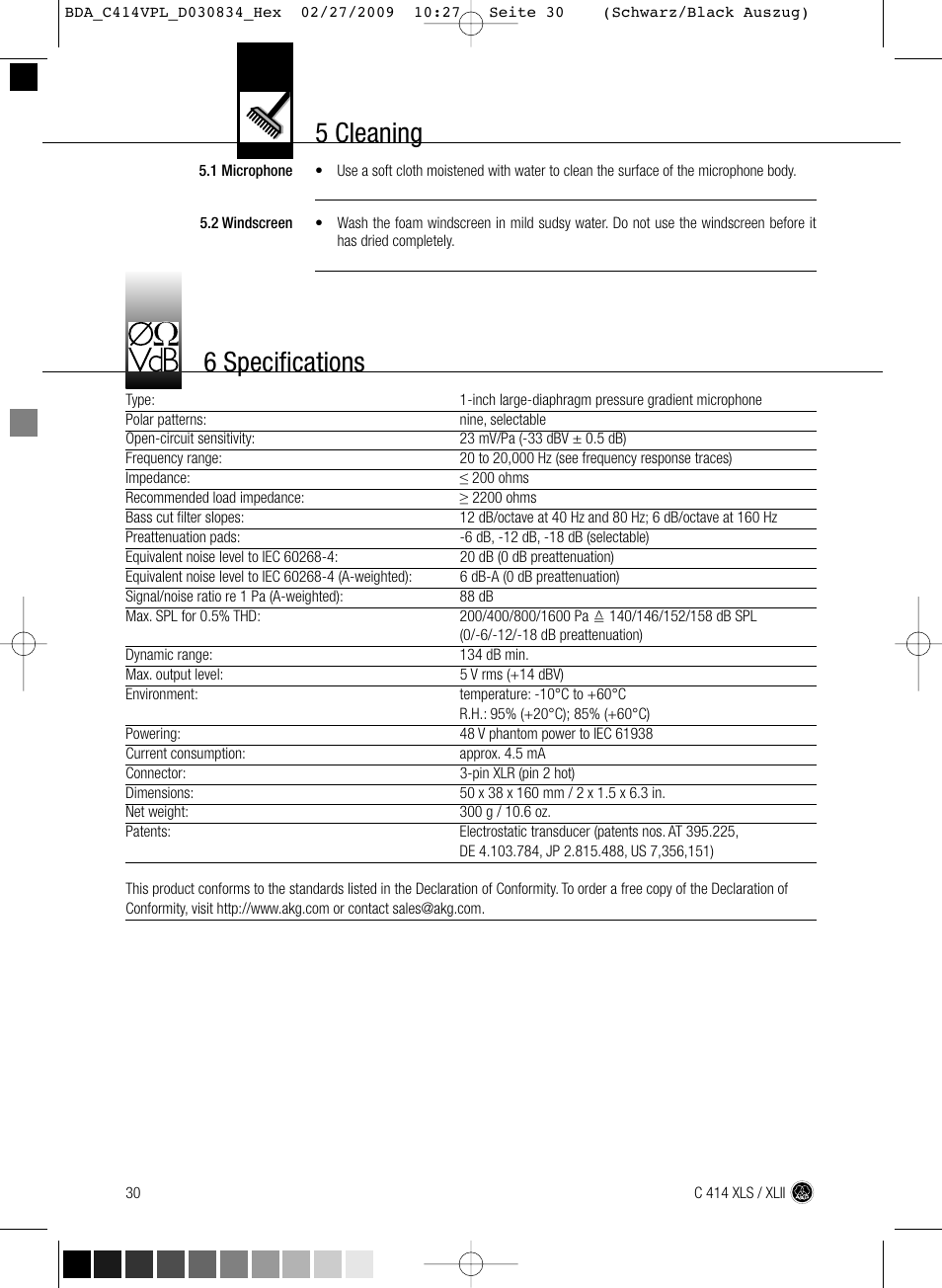 5 cleaning, 6 specifications | AKG Acoustics C414 XLS User Manual | Page 30 / 92