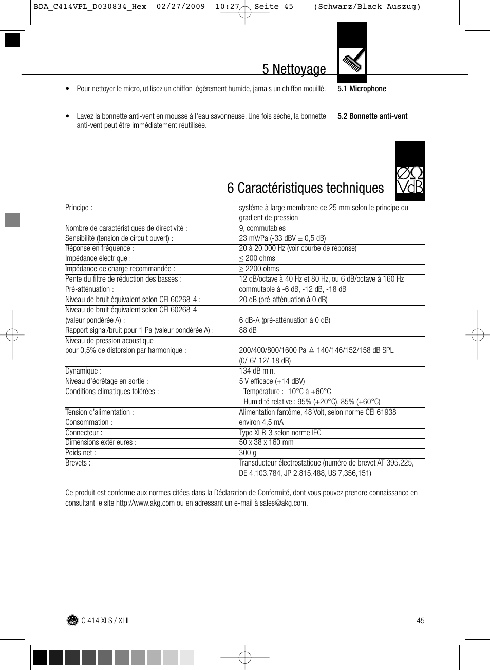 5 nettoyage, 6 caractéristiques techniques | AKG Acoustics C414 XLS User Manual | Page 45 / 92