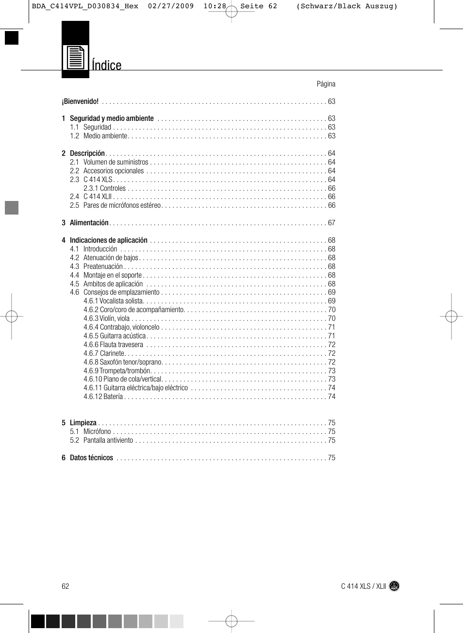 Índice | AKG Acoustics C414 XLS User Manual | Page 62 / 92