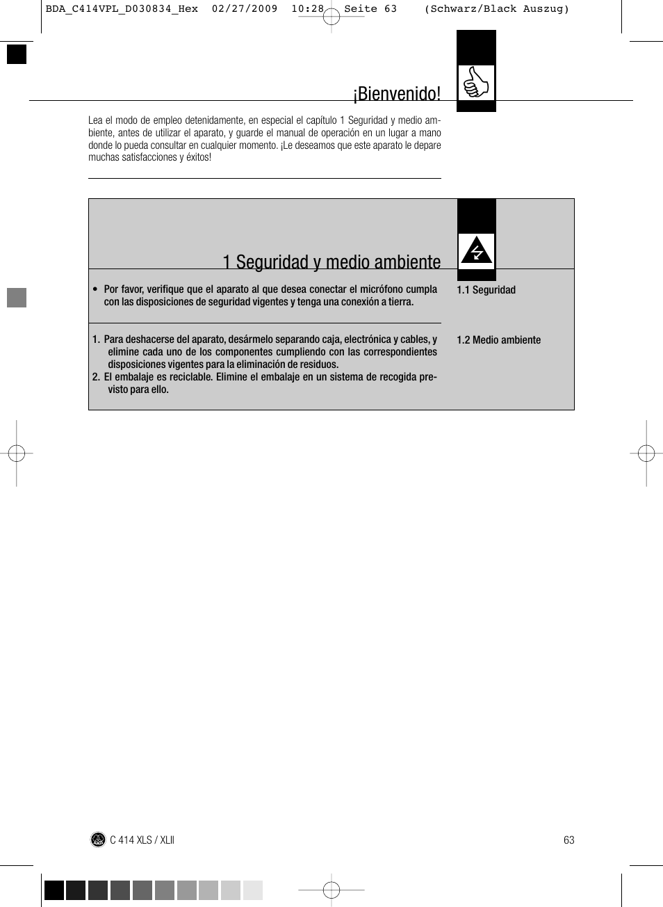 1 seguridad y medio ambiente, Bienvenido | AKG Acoustics C414 XLS User Manual | Page 63 / 92