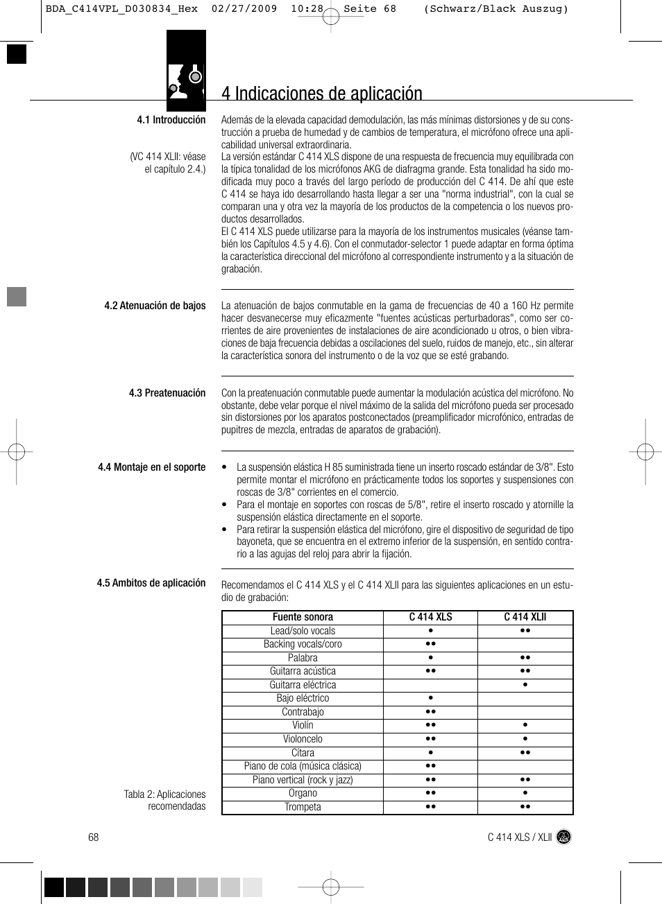 4 indicaciones de aplicación | AKG Acoustics C414 XLS User Manual | Page 68 / 92