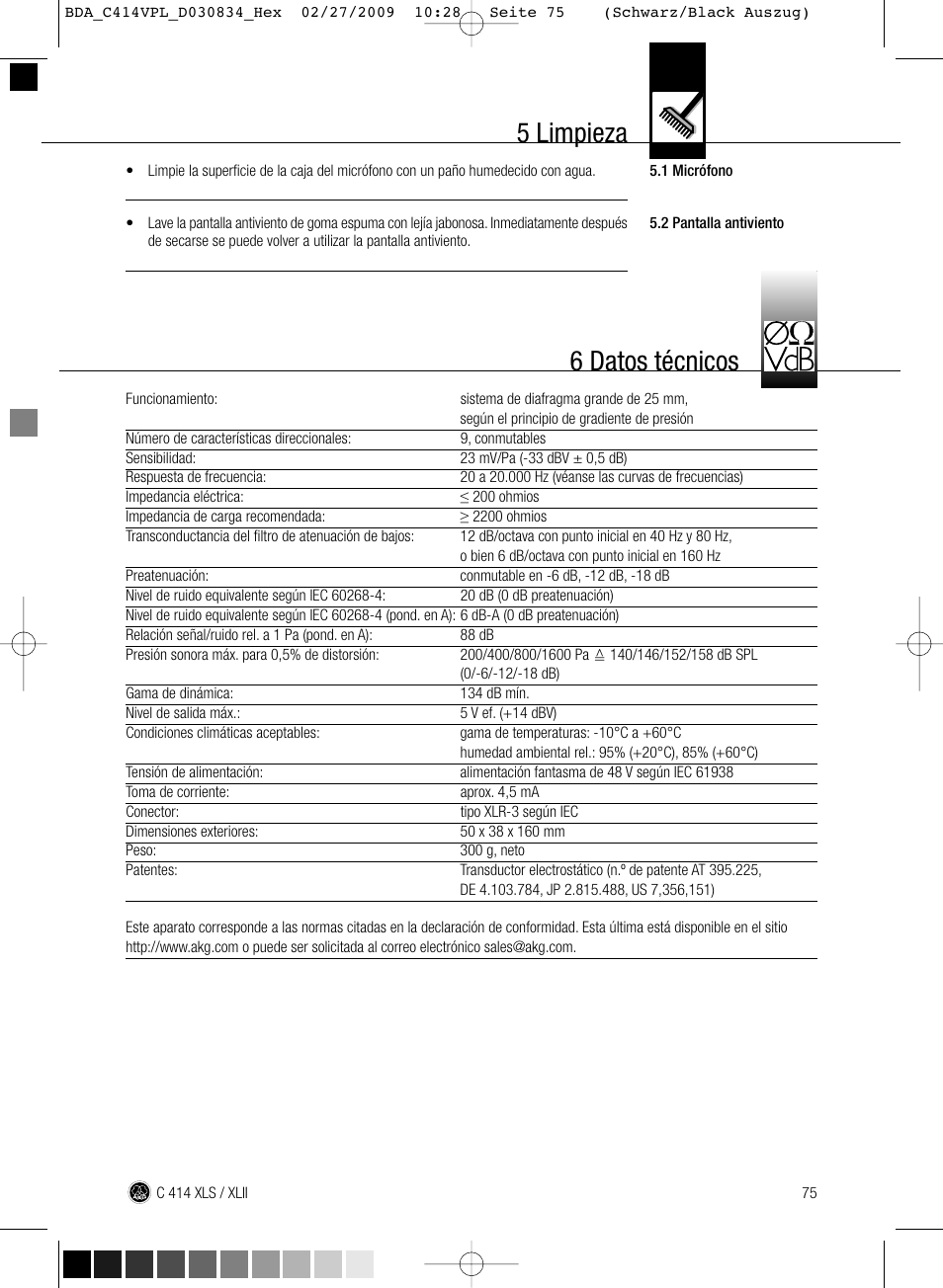 5 limpieza, 6 datos técnicos | AKG Acoustics C414 XLS User Manual | Page 75 / 92