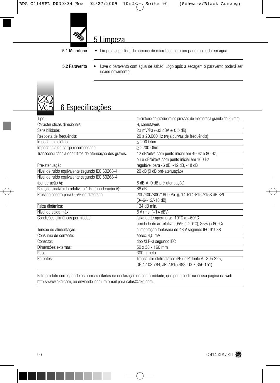 5 limpeza, 6 especificações | AKG Acoustics C414 XLS User Manual | Page 90 / 92