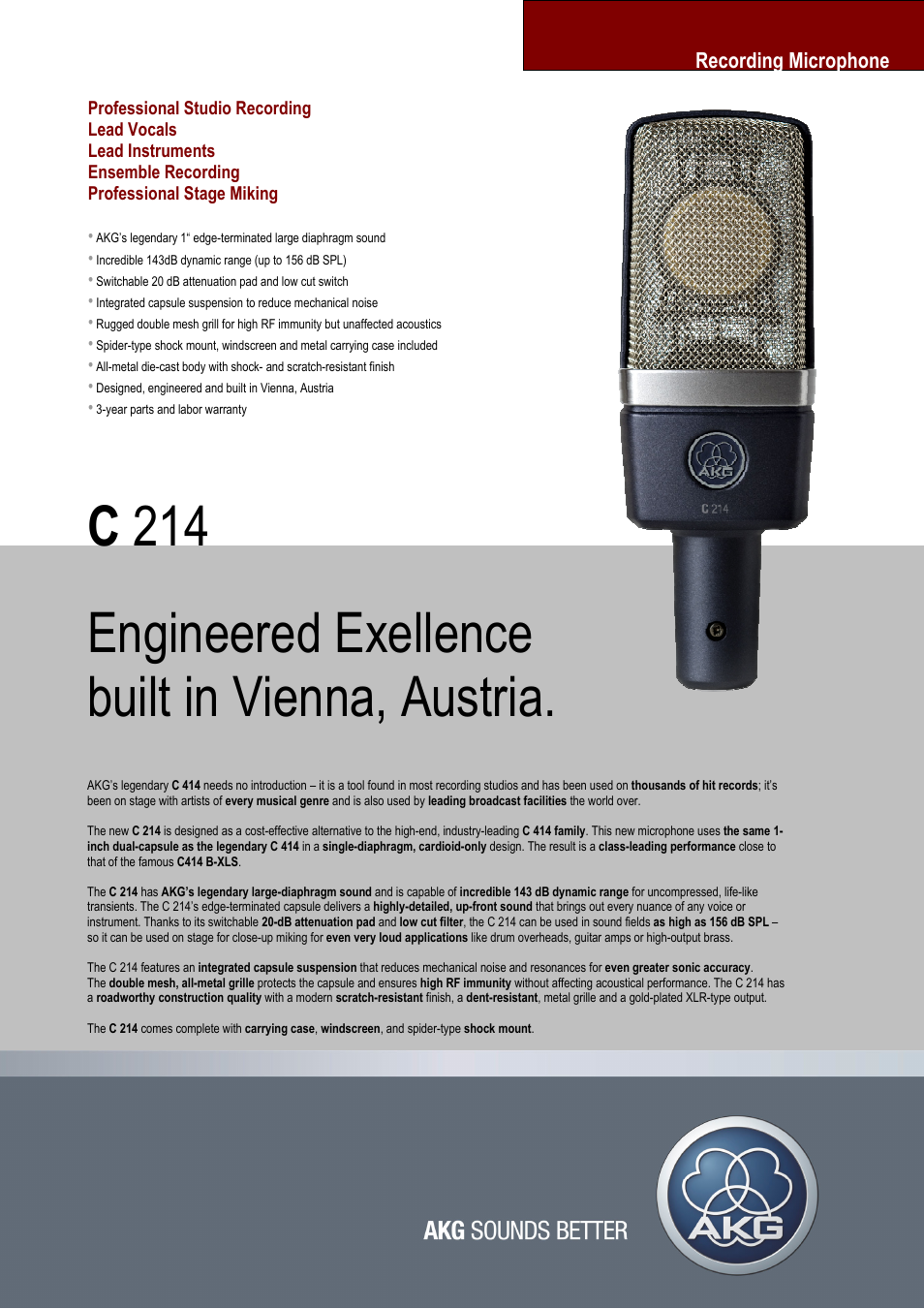 AKG Acoustics C 214 User Manual | 2 pages