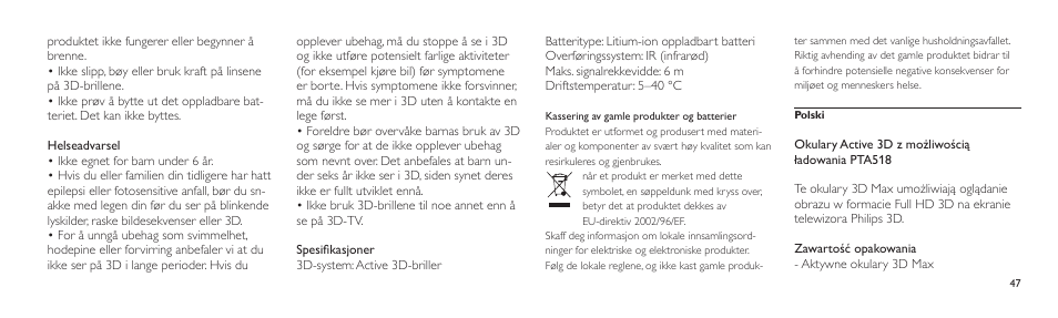 Philips Lunettes 3D Active User Manual | Page 47 / 82