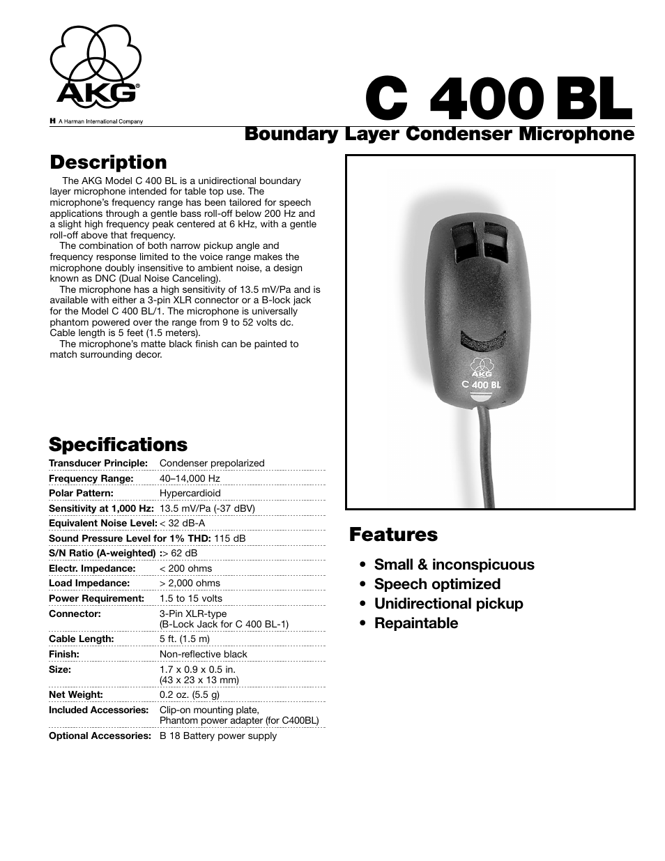 AKG Acoustics C400BL User Manual | 2 pages