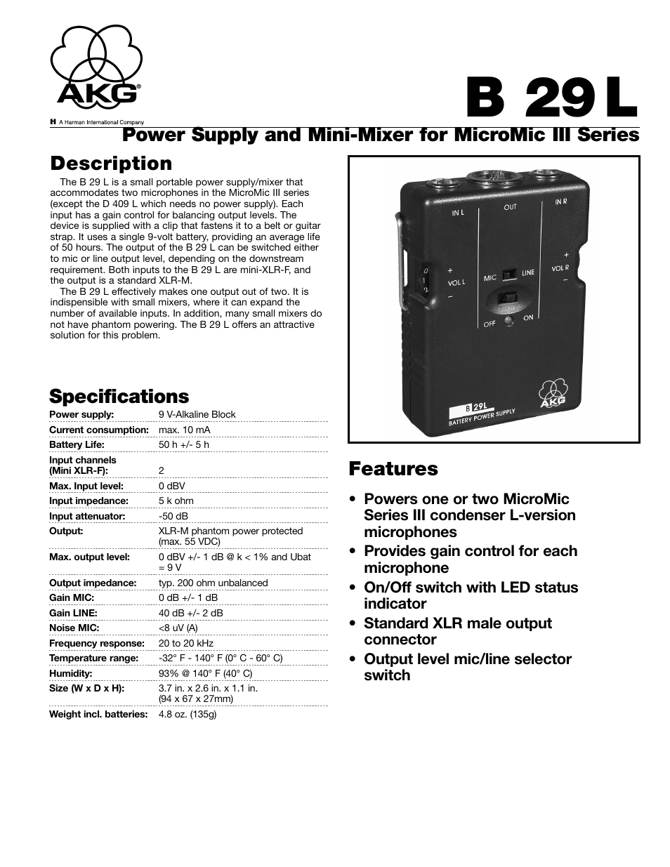 AKG Acoustics B 29L User Manual | 2 pages