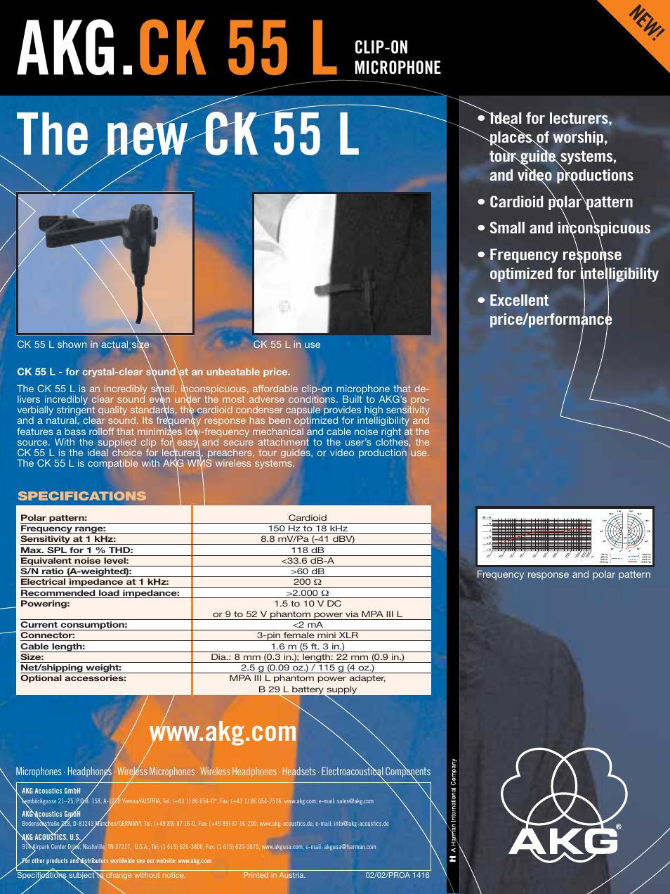 Akg. ck 55 l, The new ck 55 l, Clip-on microphone | AKG Acoustics CK55L User Manual | Page 2 / 2