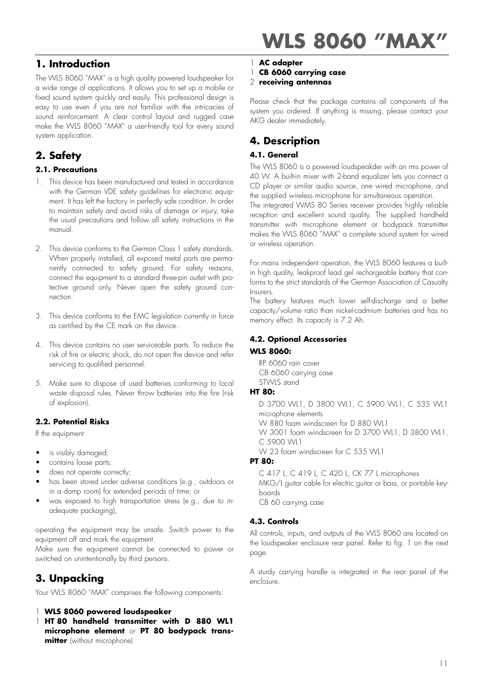 Wls 8060 ”max, Introduction, Safety | Unpacking, Description | AKG Acoustics WLS 8060 MAX User Manual | Page 3 / 12