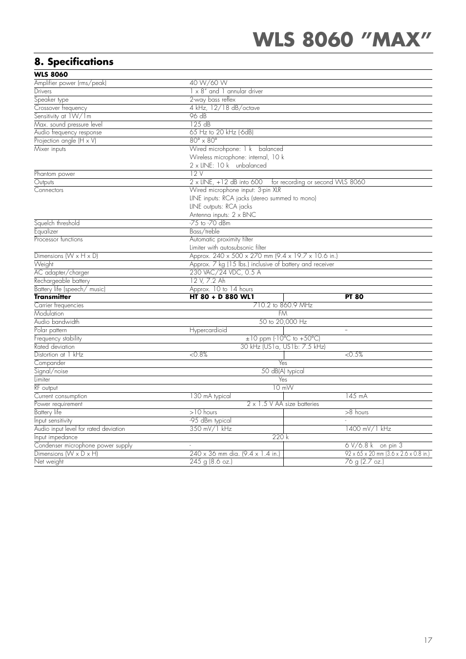 Wls 8060 ”max, Specifications | AKG Acoustics WLS 8060 MAX User Manual | Page 9 / 12