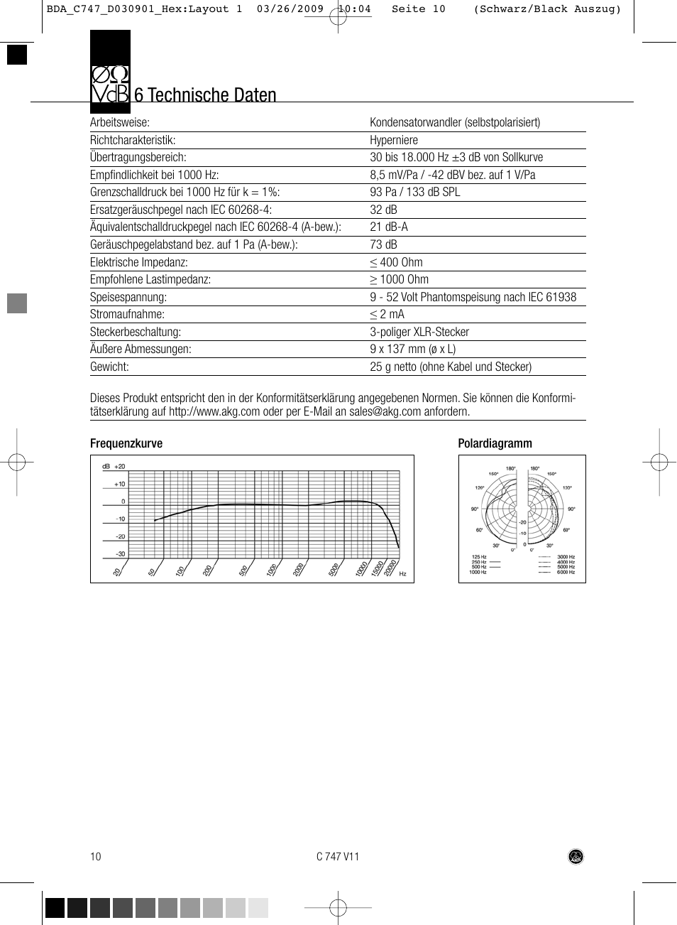 6 technische daten | AKG Acoustics C747 V11 User Manual | Page 10 / 64