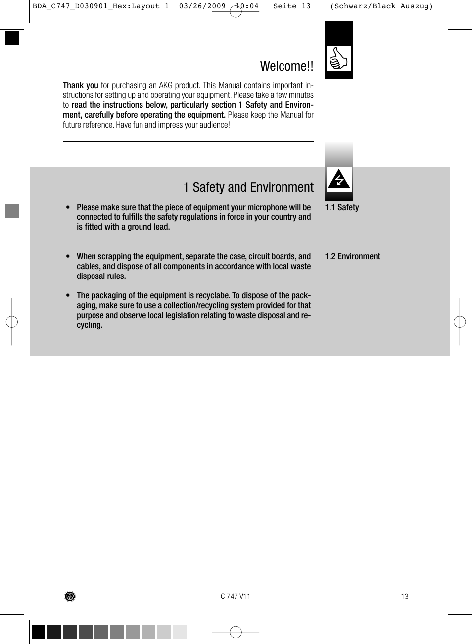 Welcome, 1 safety and environment | AKG Acoustics C747 V11 User Manual | Page 13 / 64