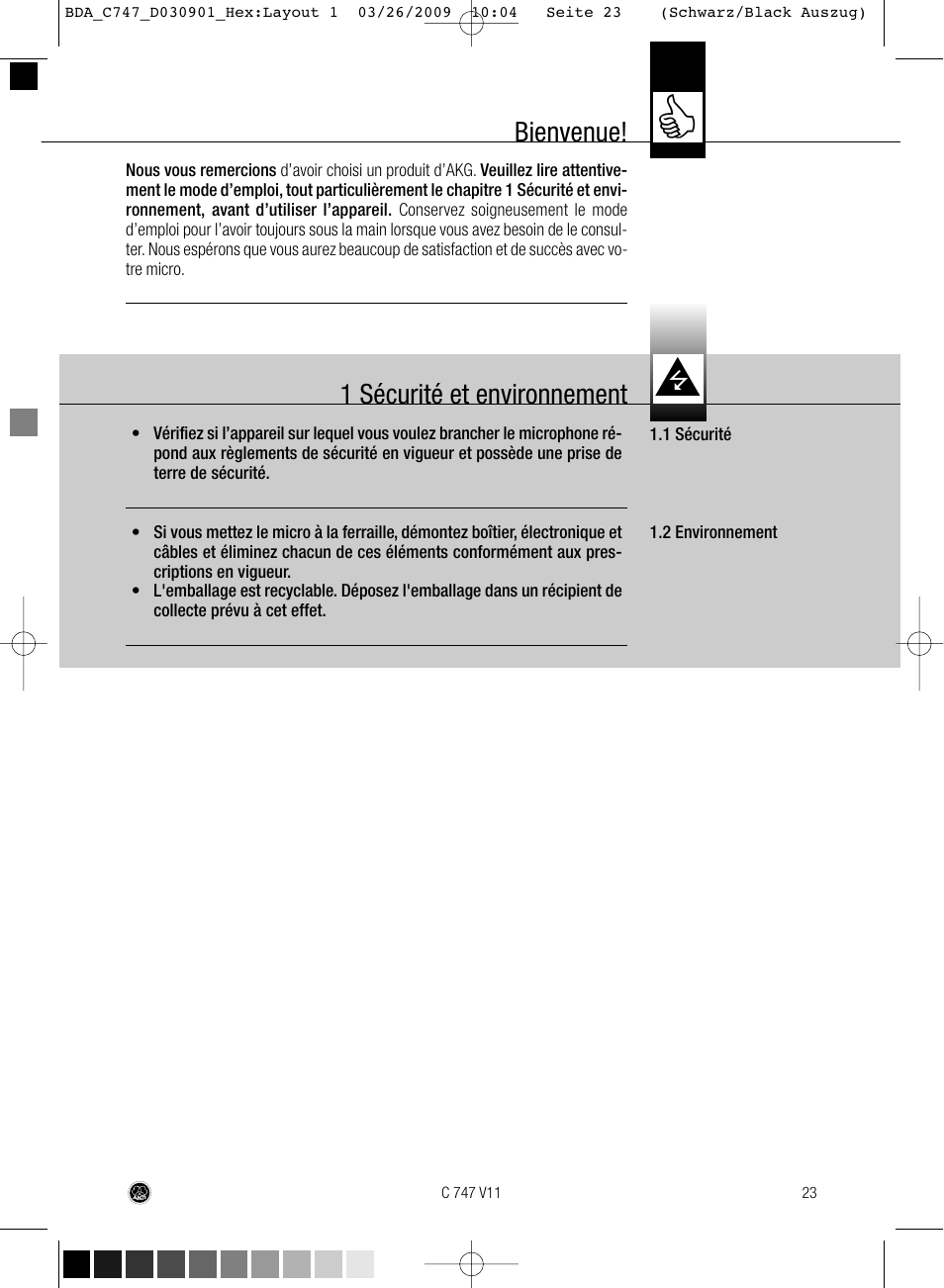 Bienvenue, 1 sécurité et environnement | AKG Acoustics C747 V11 User Manual | Page 23 / 64