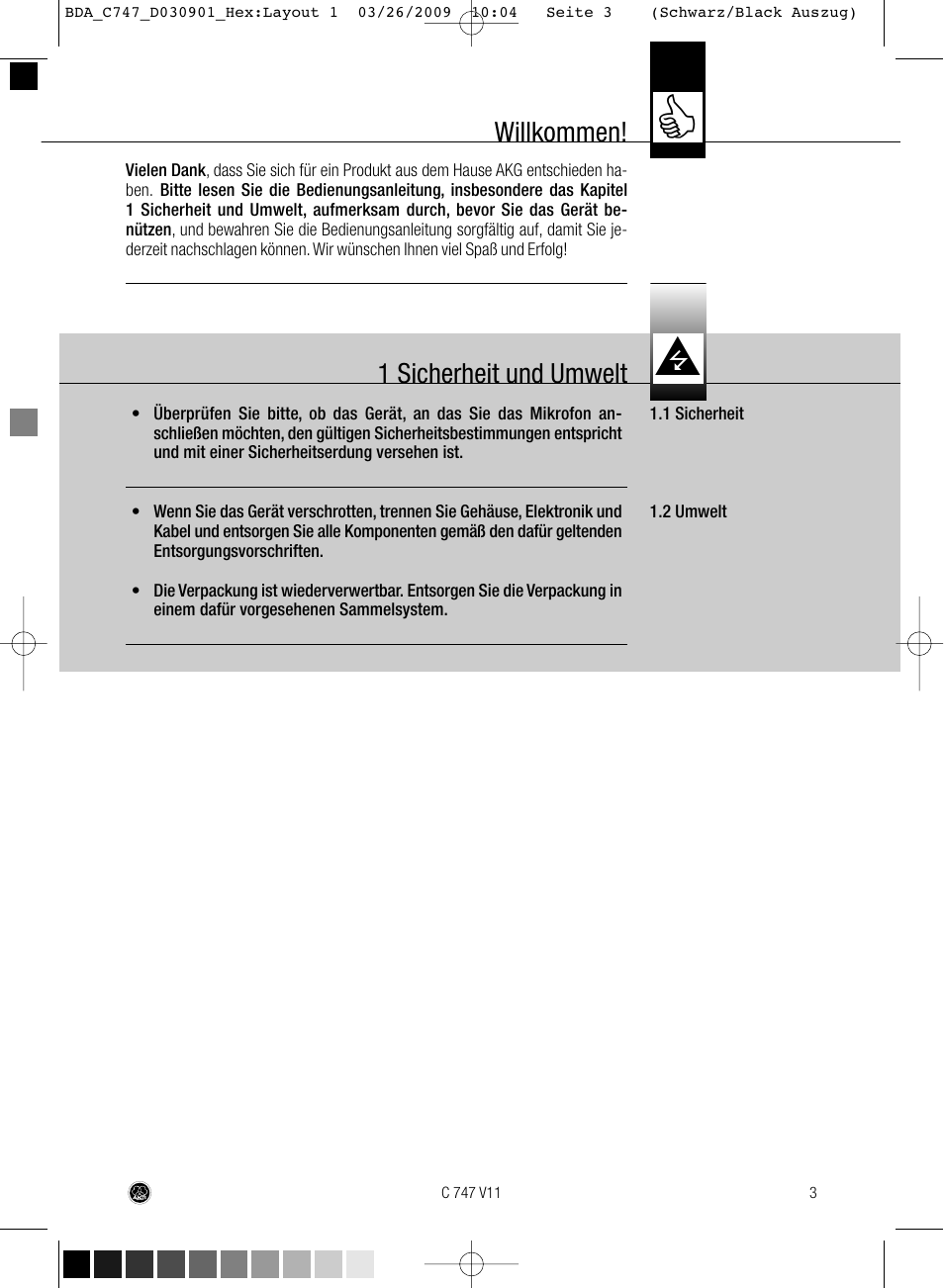 Willkommen, 1 sicherheit und umwelt | AKG Acoustics C747 V11 User Manual | Page 3 / 64