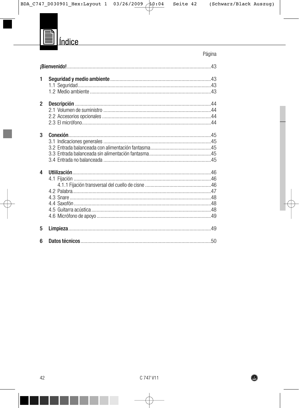 Índice | AKG Acoustics C747 V11 User Manual | Page 42 / 64