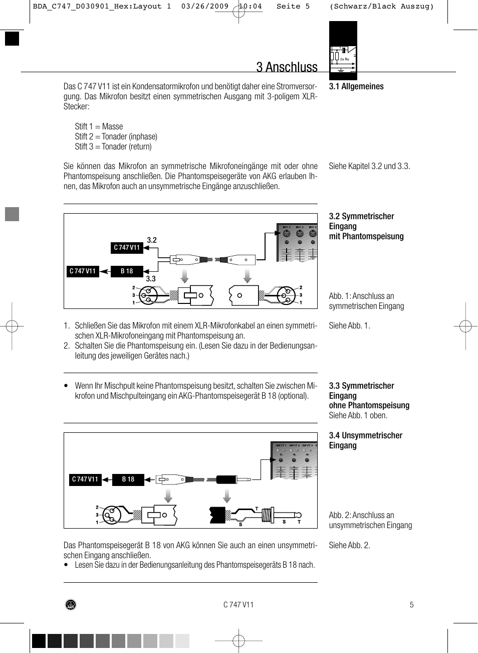 3 anschluss | AKG Acoustics C747 V11 User Manual | Page 5 / 64