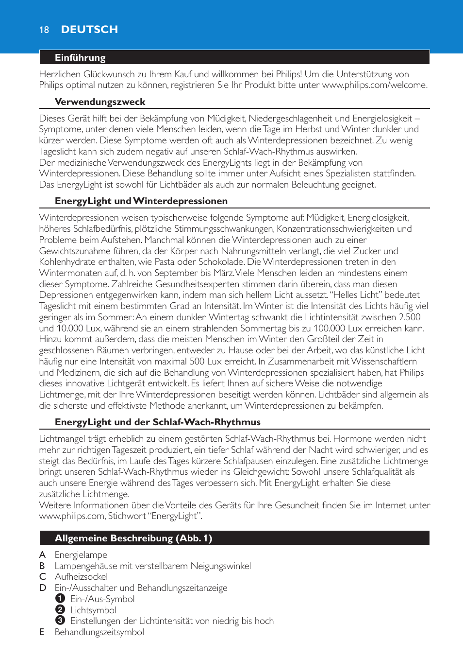 Deutsch, Einführung, Verwendungszweck | Energylight und winterdepressionen, Energylight und der schlaf-wach-rhythmus, Allgemeine beschreibung (abb. 1) | Philips EnergyLight User Manual | Page 18 / 64