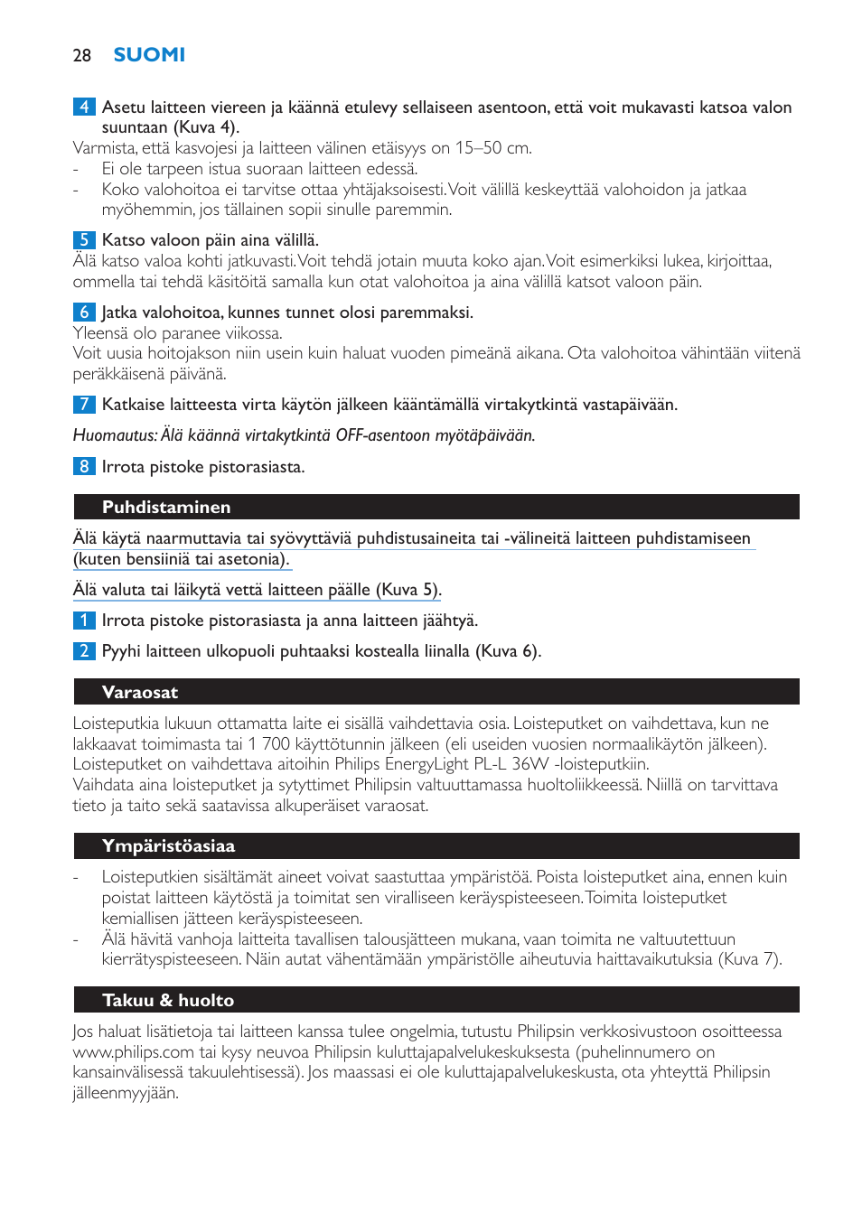 Puhdistaminen, Varaosat, Ympäristöasiaa | Takuu & huolto, Tekniset tiedot | Philips EnergyLight User Manual | Page 28 / 64