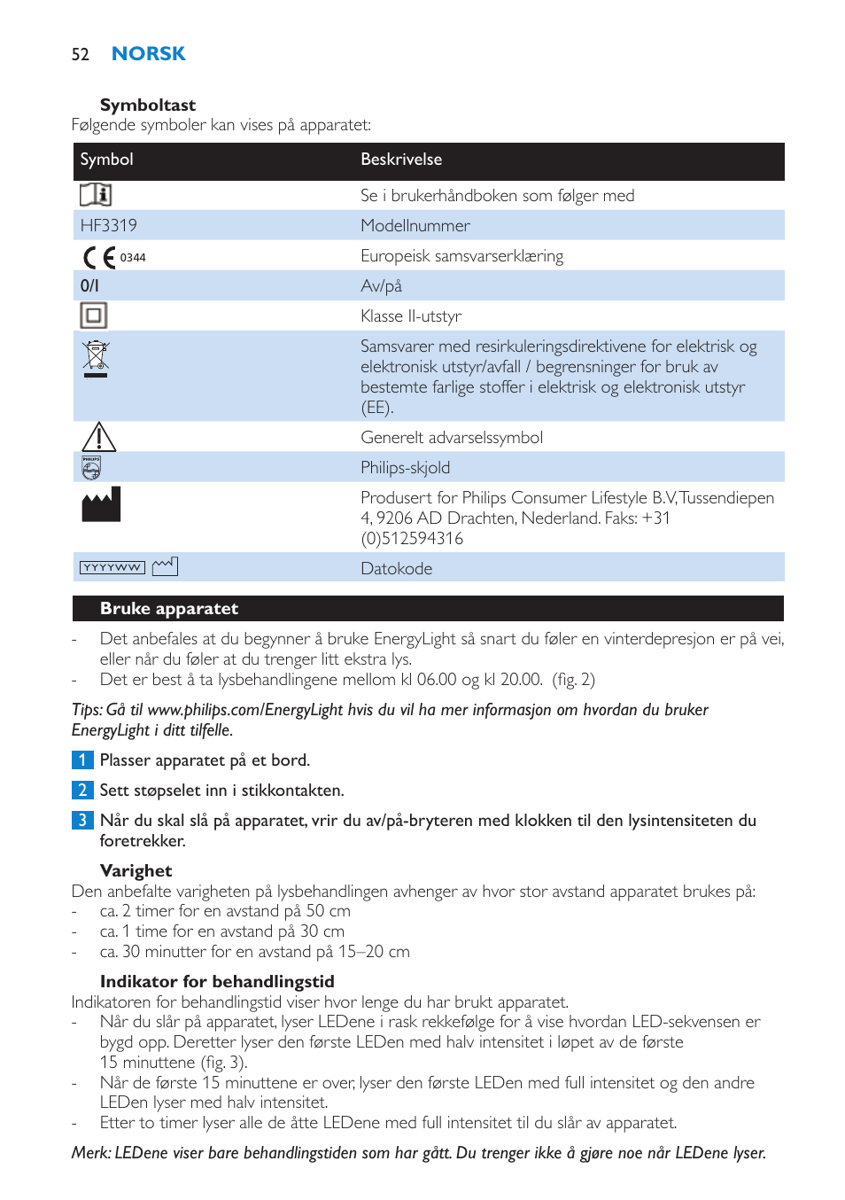 Varighet, Indikator for behandlingstid, Bruke apparatet | Philips EnergyLight User Manual | Page 52 / 64