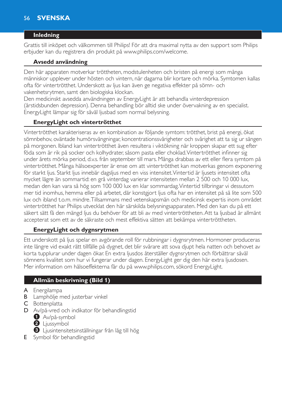 Svenska, Inledning, Avsedd användning | Energylight och vintertrötthet, Energylight och dygnsrytmen, Fara, Allmän beskrivning (bild 1), Viktigt | Philips EnergyLight User Manual | Page 56 / 64