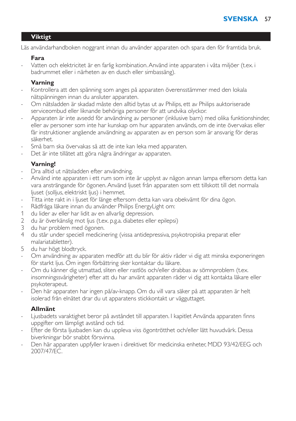 Varning, Allmänt, Symbolknapp | Philips EnergyLight User Manual | Page 57 / 64