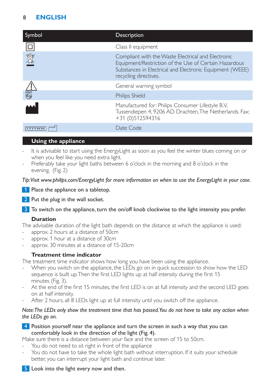 Duration, Treatment time indicator, Using the appliance | Philips EnergyLight User Manual | Page 8 / 64