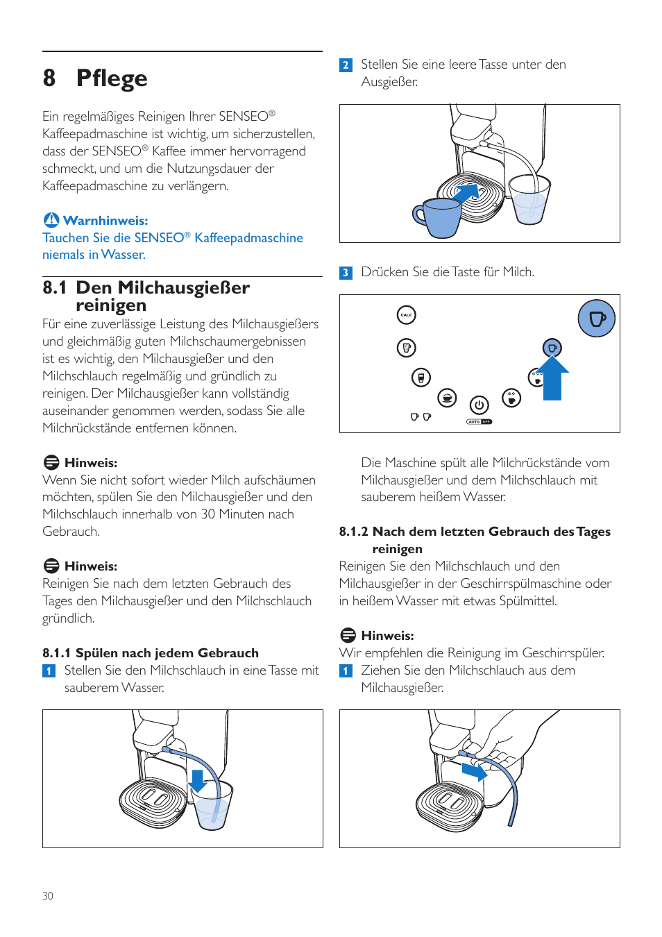 8 pflege, 1 den milchausgießer reinigen | Philips SENSEO® Latte Duo Machine à café à dosettes User Manual | Page 30 / 76