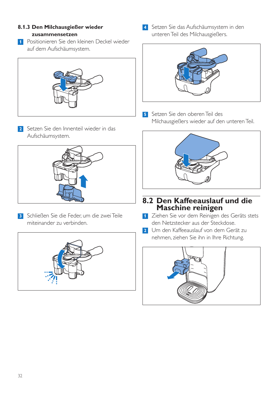 2 den kaffeeauslauf und die maschine reinigen | Philips SENSEO® Latte Duo Machine à café à dosettes User Manual | Page 32 / 76