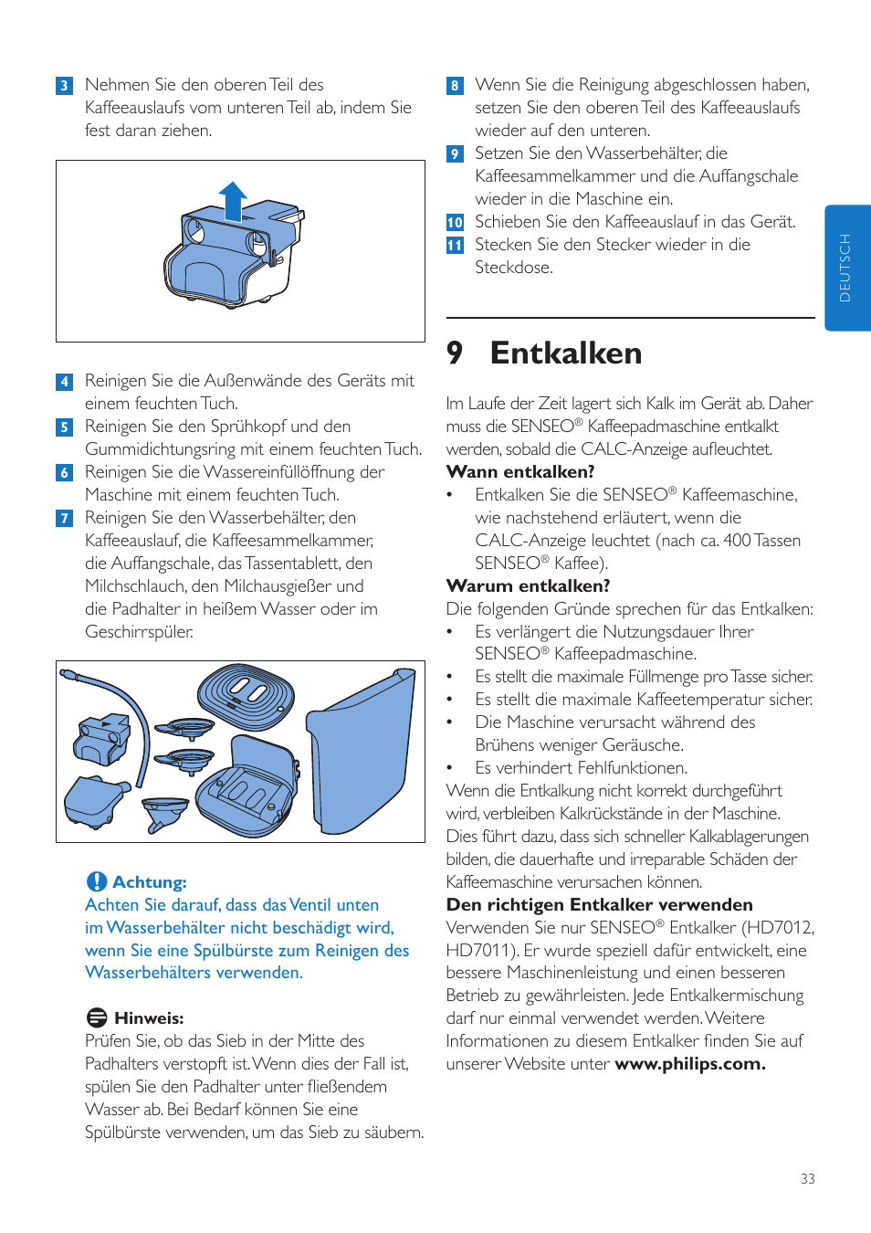 9 entkalken | Philips SENSEO® Latte Duo Machine à café à dosettes User Manual | Page 33 / 76