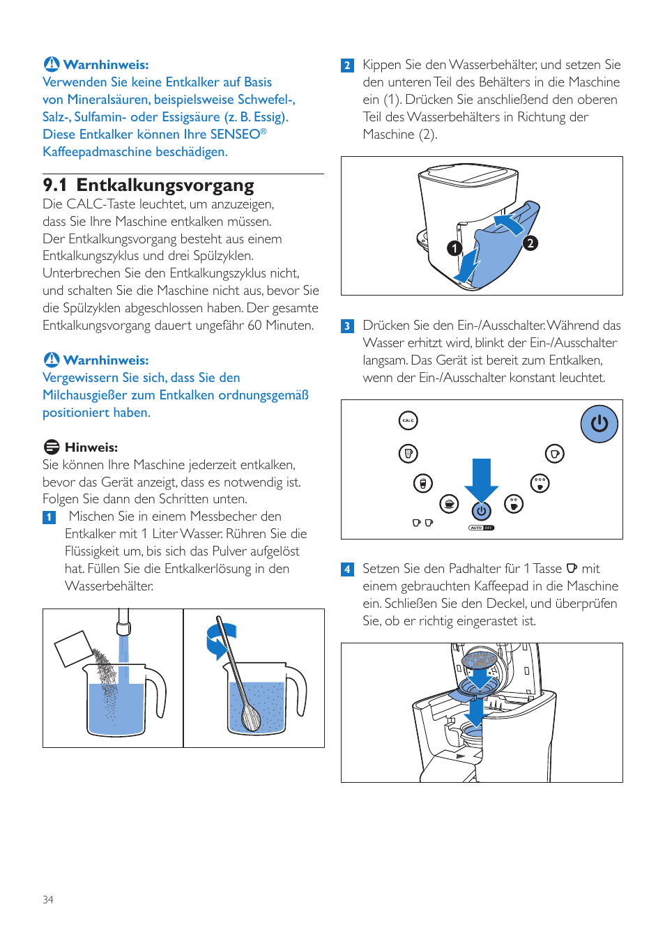 1 entkalkungsvorgang | Philips SENSEO® Latte Duo Machine à café à dosettes User Manual | Page 34 / 76