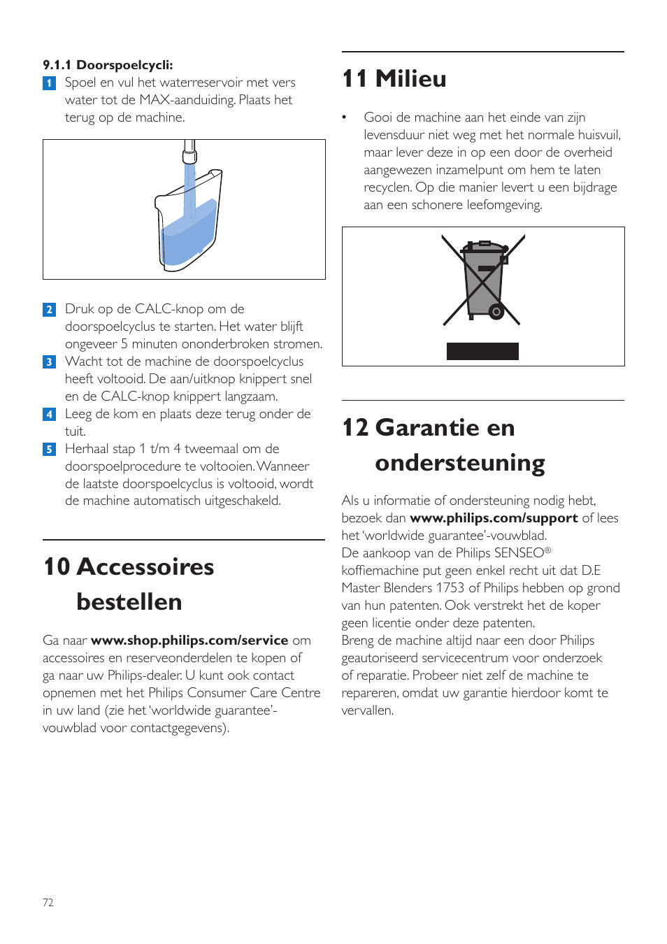 11 milieu, 12 garantie en ondersteuning, 10 accessoires bestellen | Philips SENSEO® Latte Duo Machine à café à dosettes User Manual | Page 72 / 76