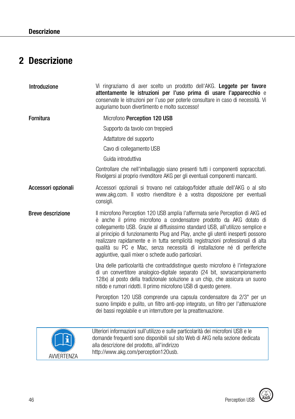2descrizione | AKG Acoustics PERCEPTION 120 User Manual | Page 46 / 85