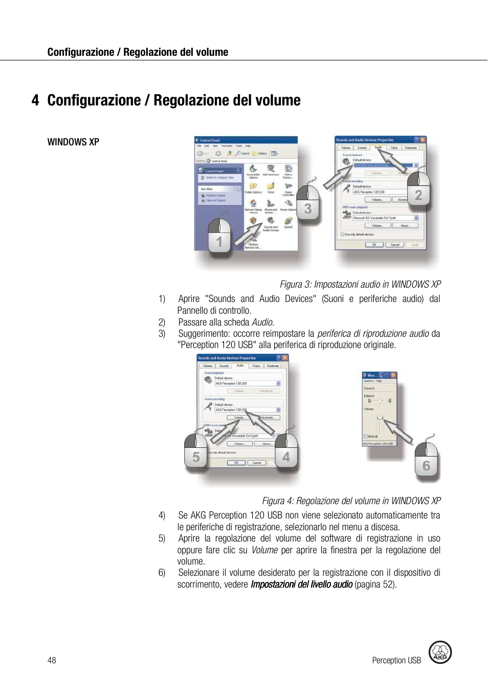 4configurazione / regolazione del volume | AKG Acoustics PERCEPTION 120 User Manual | Page 48 / 85