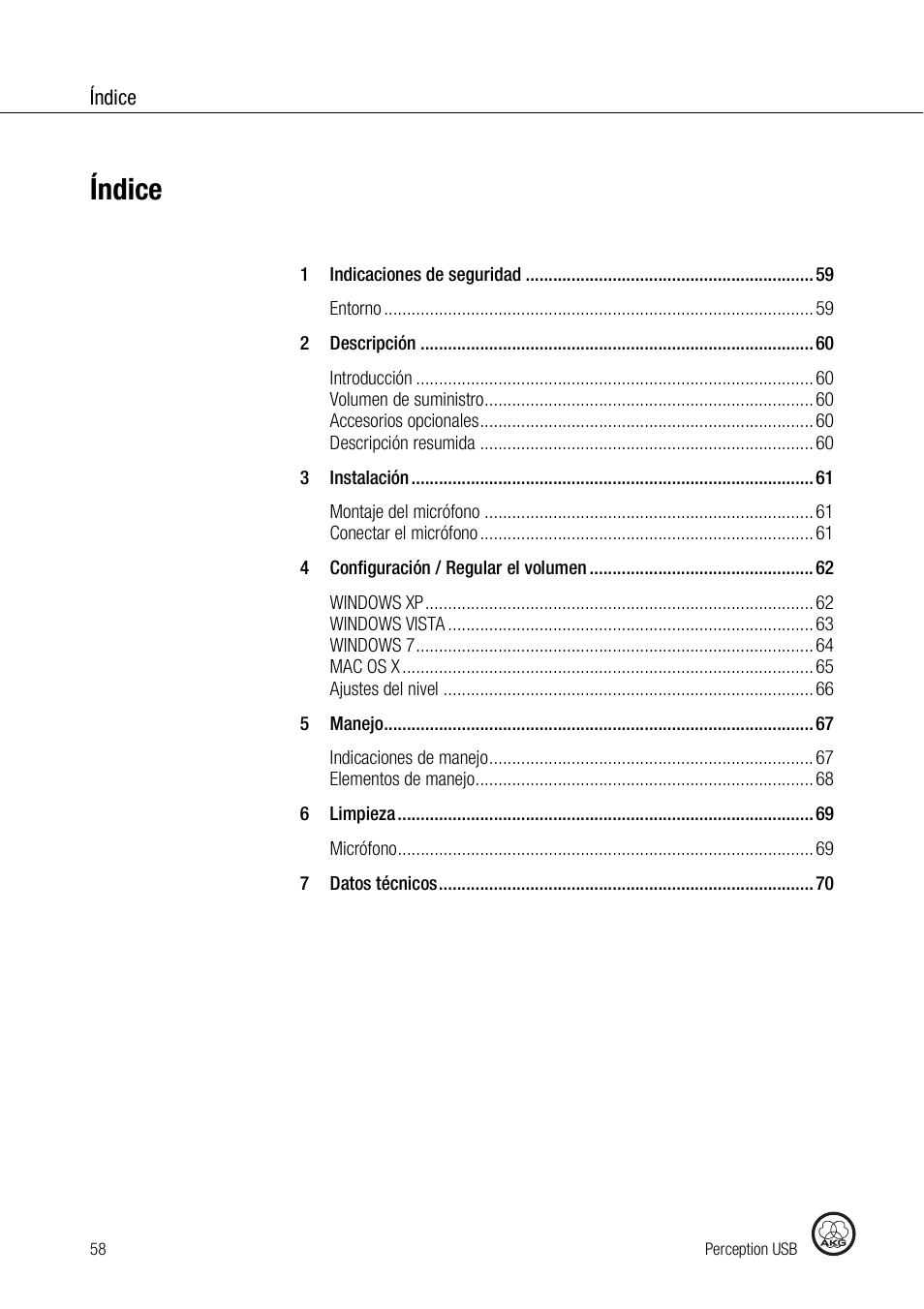 Índice | AKG Acoustics PERCEPTION 120 User Manual | Page 58 / 85