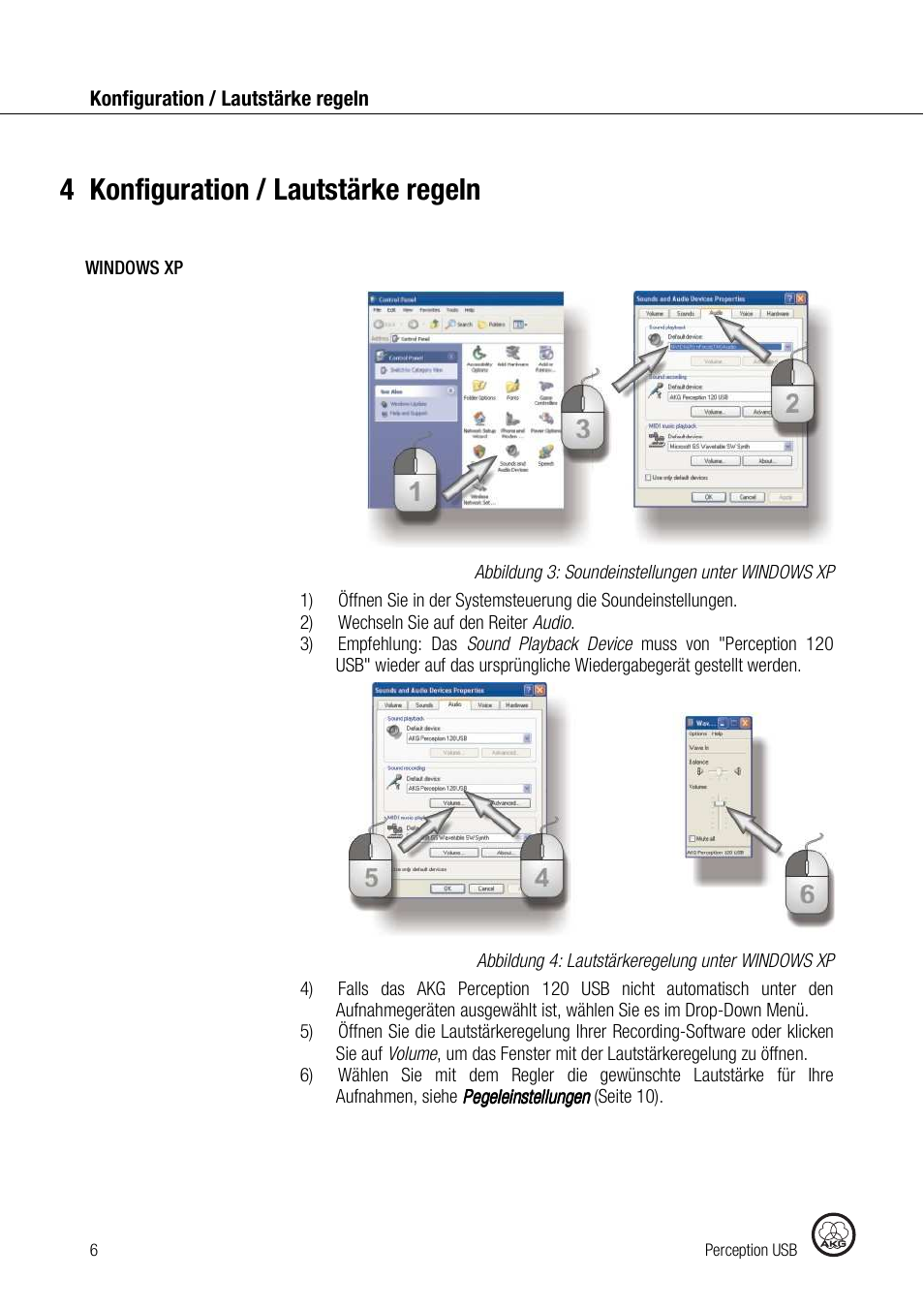 4konfiguration / lautstärke regeln | AKG Acoustics PERCEPTION 120 User Manual | Page 6 / 85