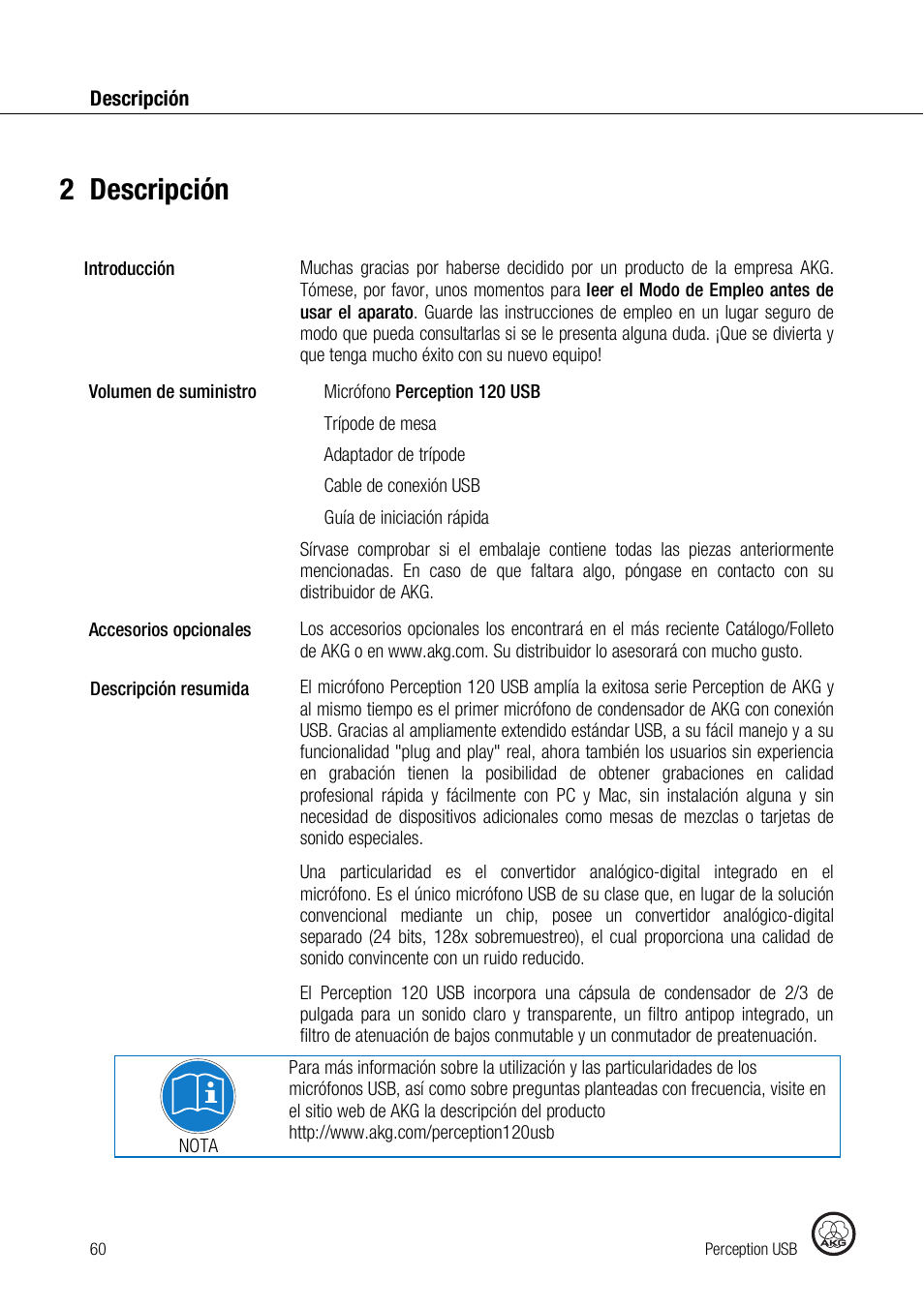 2descripción | AKG Acoustics PERCEPTION 120 User Manual | Page 60 / 85