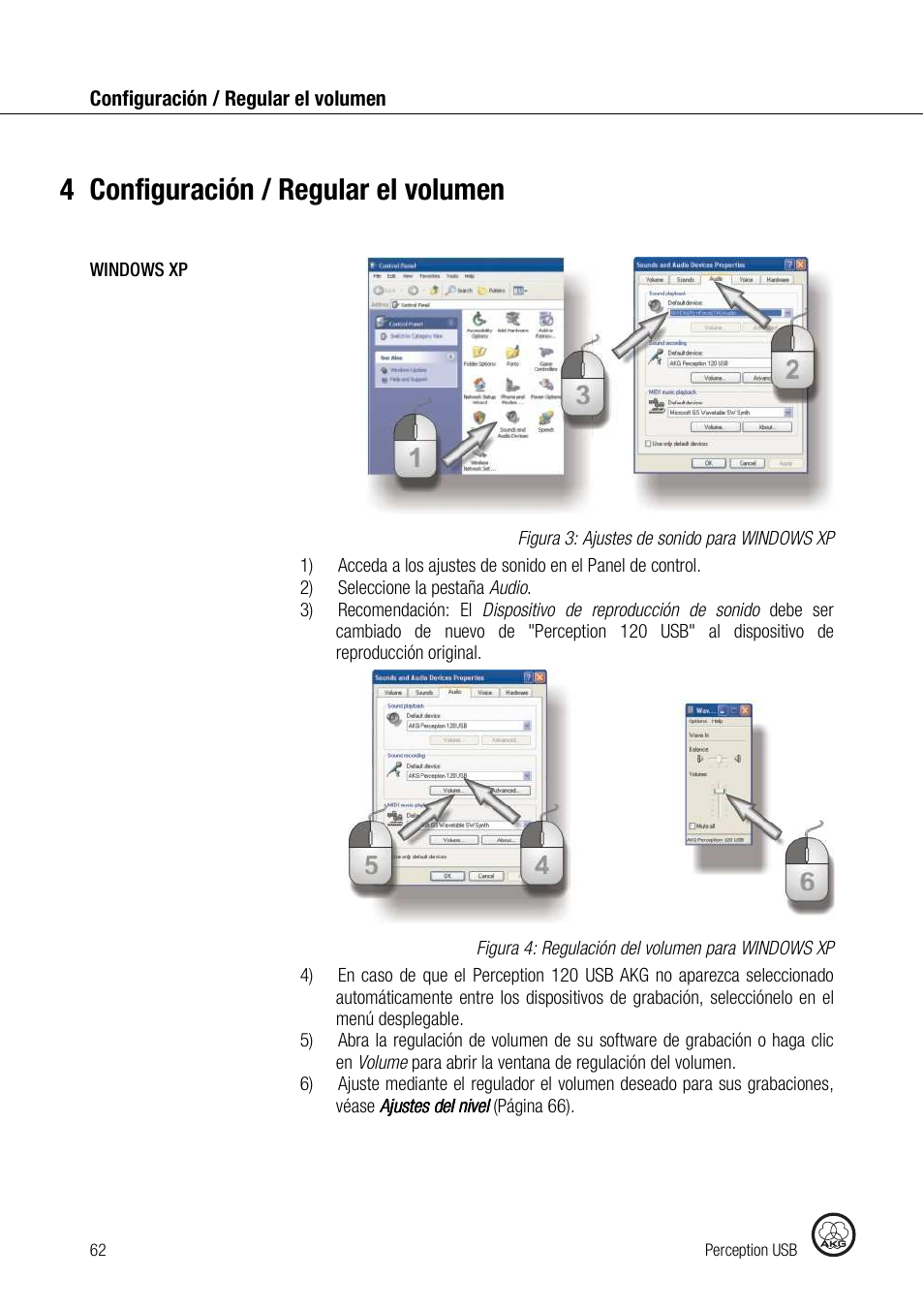 4configuración / regular el volumen | AKG Acoustics PERCEPTION 120 User Manual | Page 62 / 85