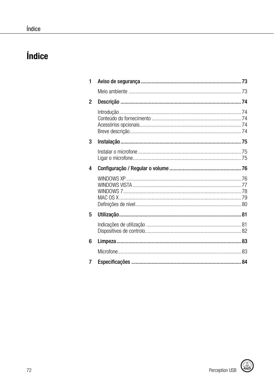 Índice | AKG Acoustics PERCEPTION 120 User Manual | Page 72 / 85