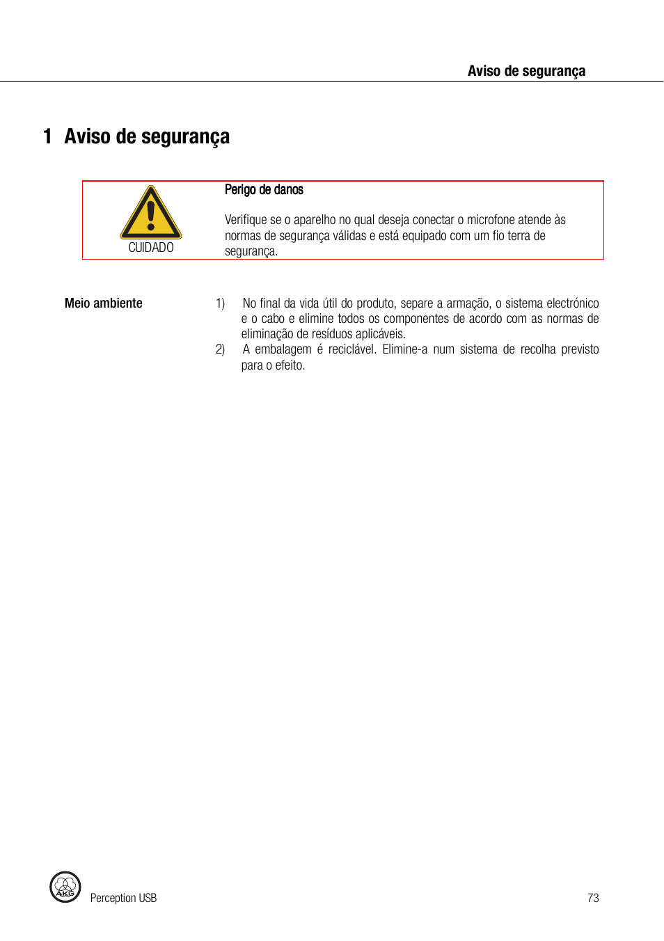 1aviso de segurança | AKG Acoustics PERCEPTION 120 User Manual | Page 73 / 85